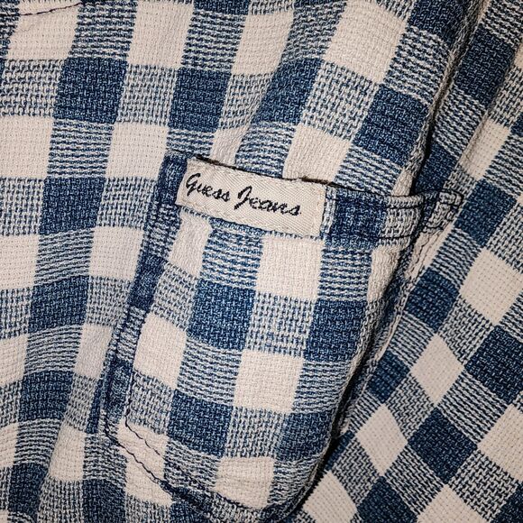 GUESS Sz 5 Vintage Blue White Checkered Snap Front Milkmaid Logo Jumper Dress - Picture 3 of 8